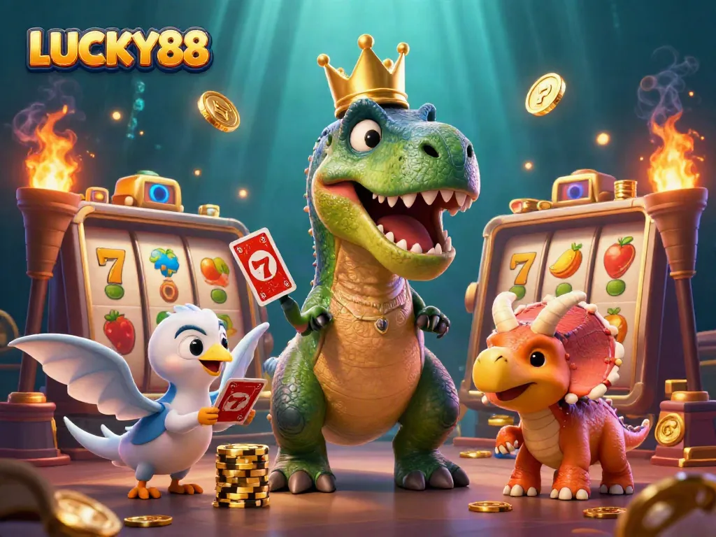 Experience winning at LUCKY88 with a dynamic scene showcasing a fun T-Rex and friends amidst vibrant casino elements.