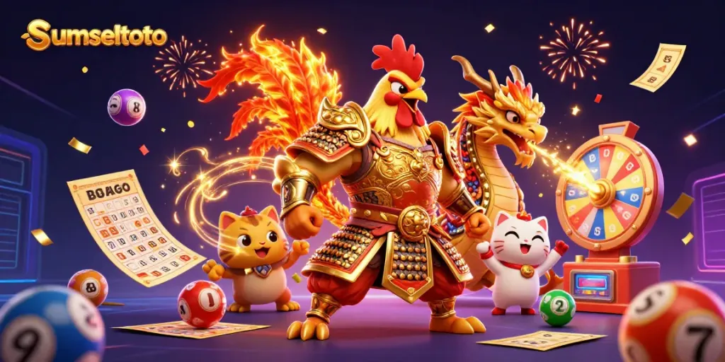 Win big with sumseltoto in a vibrant, dynamic lottery scene featuring festive characters and game elements.