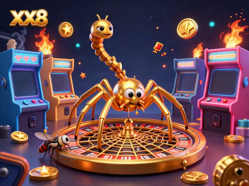 Experience the excitement of XX8 with a golden spider and colorful games in an engaging 3D scene.