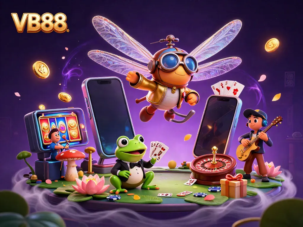 Experience the vibrant world of VB88 with a dragonfly pilot and frog croupier in a 3D casino scene.