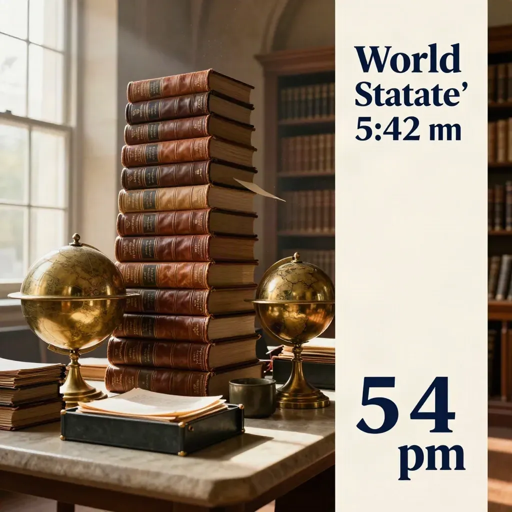 Statute books, treaty folders, brass globe and archival trays in rain-lit law library haze.