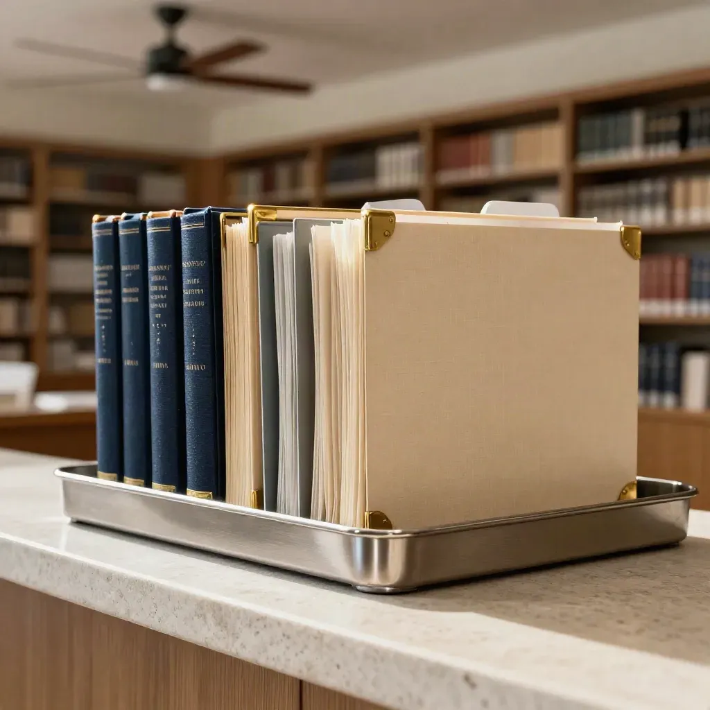 Macro of regional code folders on a stone ledge with a metal tray in a humid reading room.
