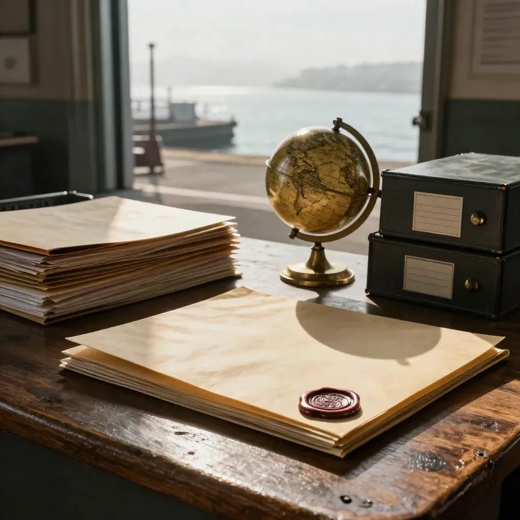 Customs folders, brass globe, file boxes, and a glinting crate seal in a harbor loading bay