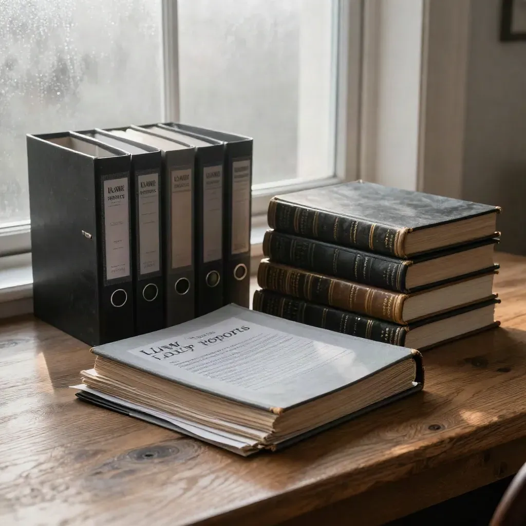 Charcoal law reports and a black file box on an oak table by a fogged London sash window