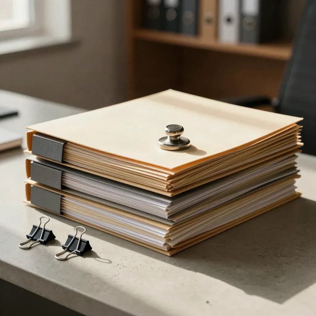 Audit folders, stamp, and binder clips on a concrete desk in a warm compliance office