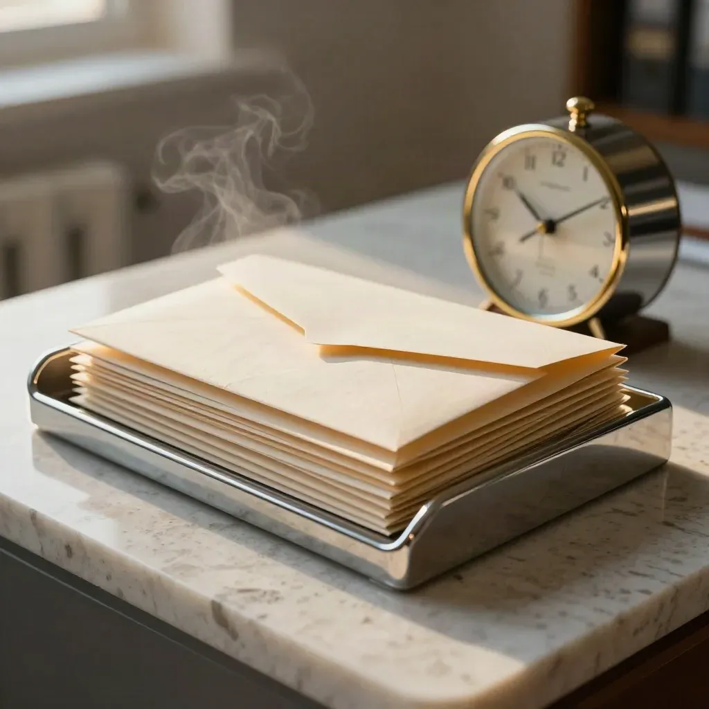 Cream notice envelopes in a chrome tray beside a gold-rim clock on pale stone, dawn light and steam.