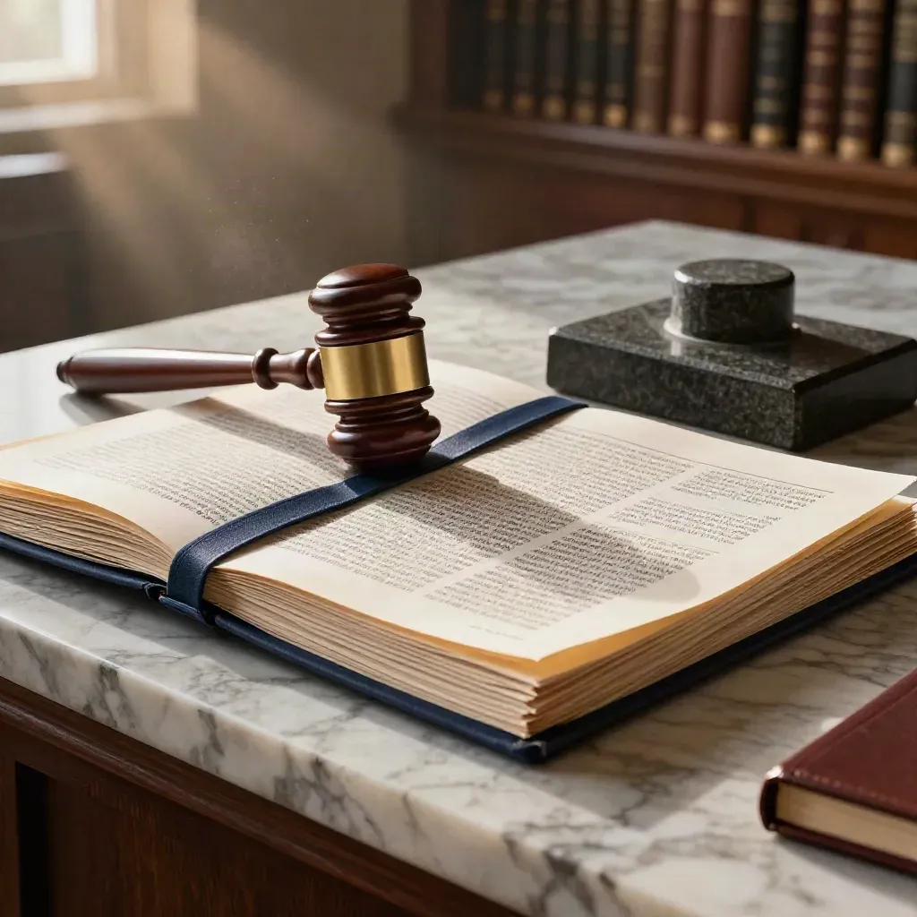 Gavel, stone block, and bound court reports on a marble bench in warm window light.
