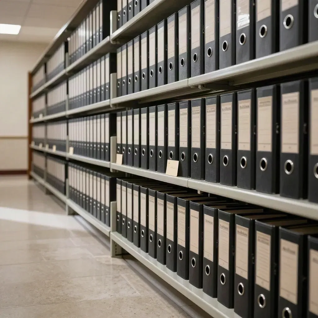 Black legal binders in aluminum rails inside a quiet law library archive