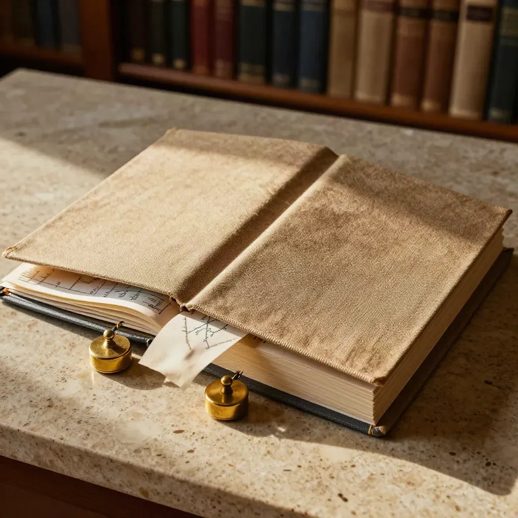 Tan and slate treaty binders lean together with brass weights on a stone table.