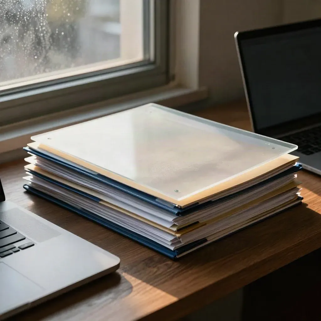 Frosted folders and a closed laptop beside legal documents in cool Seoul morning light.