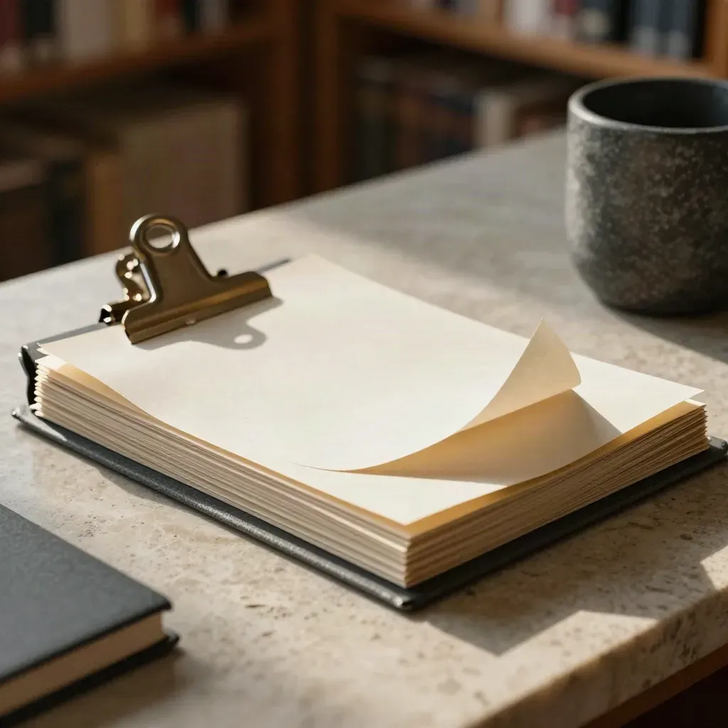 Curling case-note cards and folders on a pale desk with a stone cup in warm afternoon light.