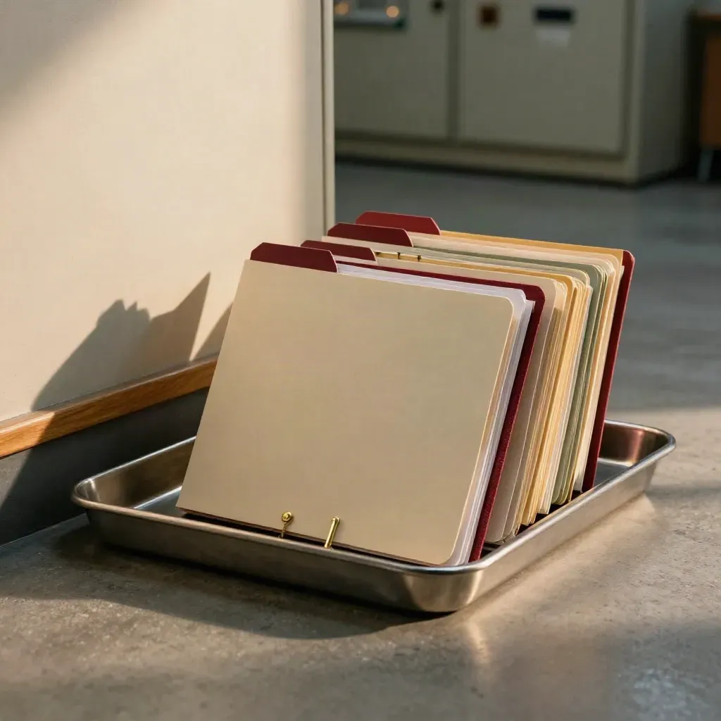 Low floor-level view of red-tab country folders settling into a steel alert tray at dusk