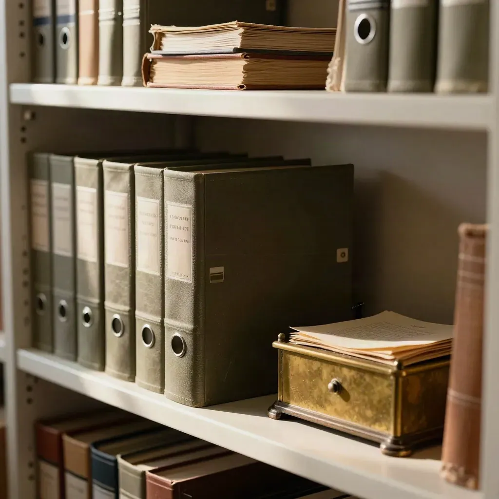 Tax code binders and ledger boxes on a Zurich archive shelf in soft window light.