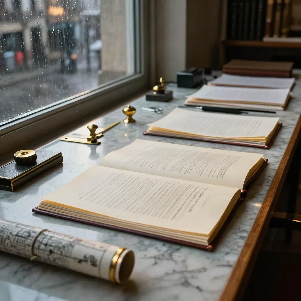 Rainy Brussels treaty research table with open folders, map tubes, and comparison folios by a window.