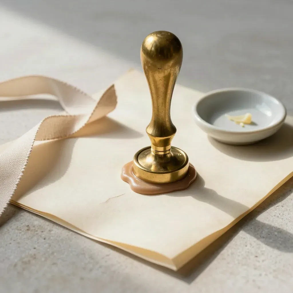 Brass seal press, fresh wax seal, linen ribbon and ceramic dish on pale stone.