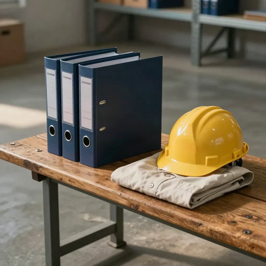 Workplace law binders beside a folded shirt and hard hat in soft warehouse light.