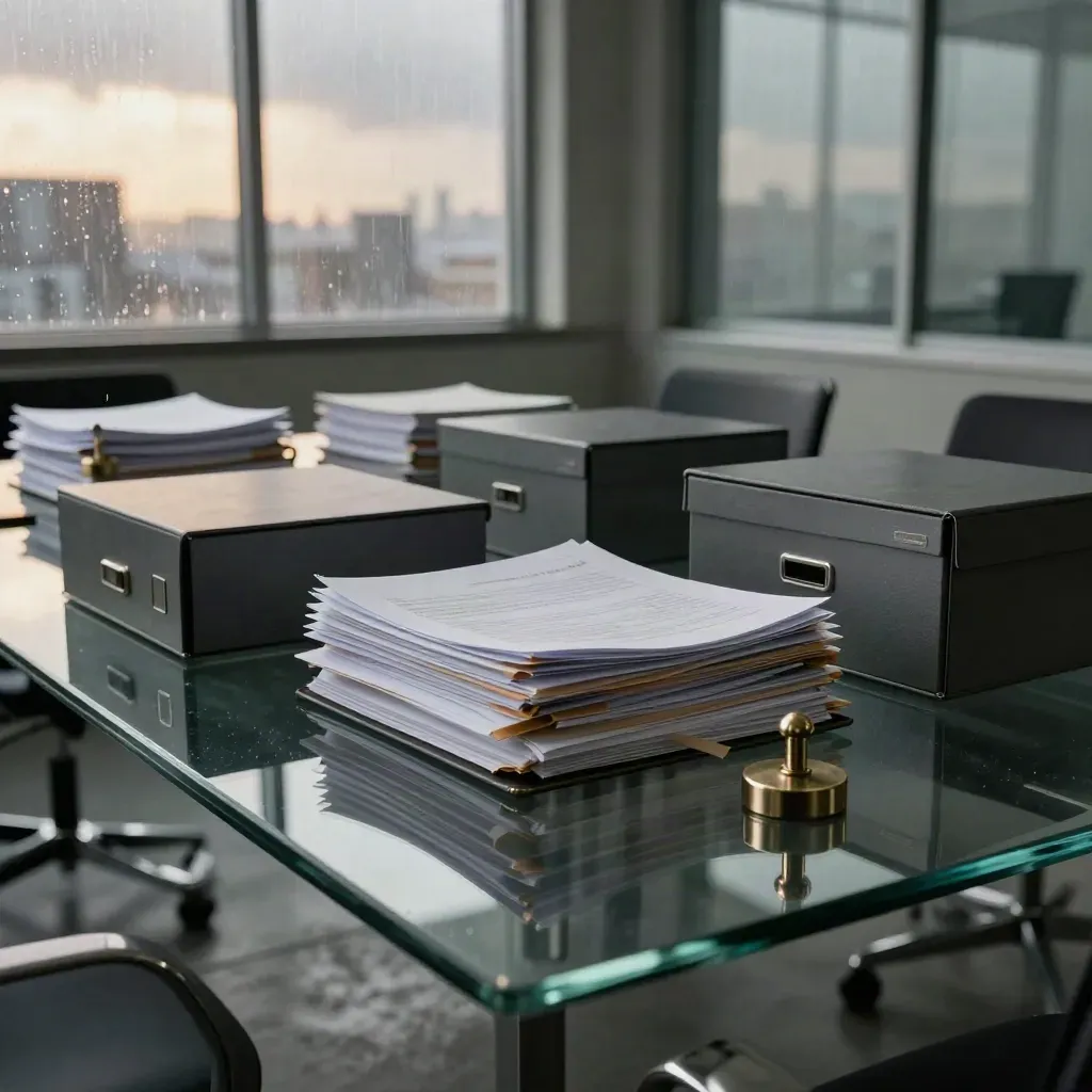 Brass weights press deal binders on a glass conference table in storm light.