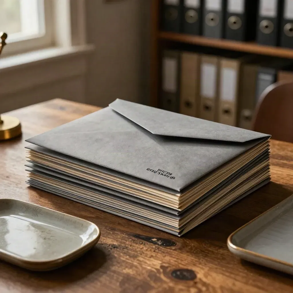 Bid envelopes and stamped folders on a municipal records table in soft dawn light.