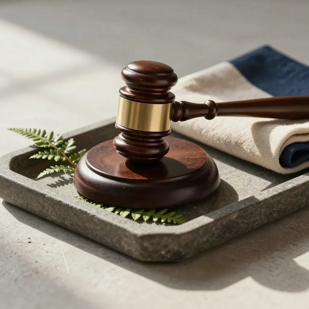 Gavel on sound block with fern sprig and folded wool cloth on a stone tray.