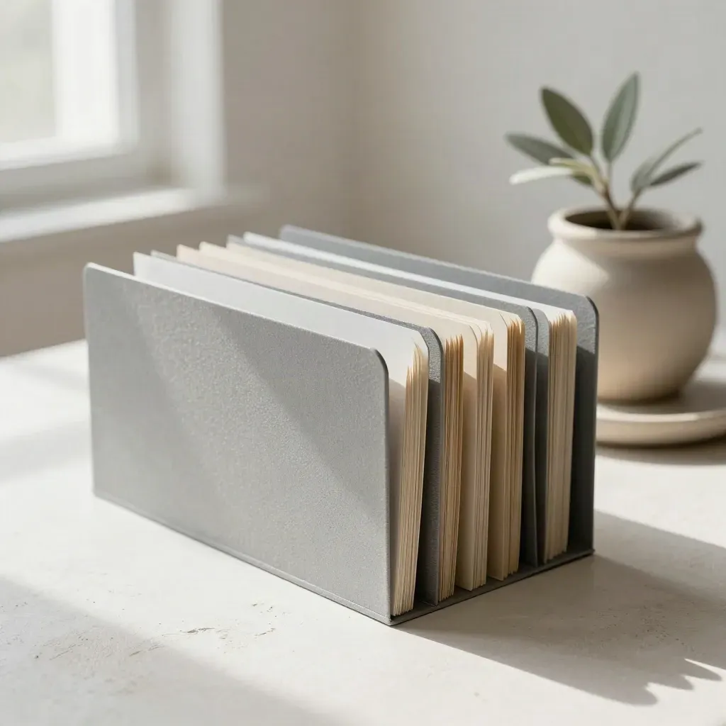 Archival divider tabs, stone pot, and shallow dish on a plaster sweep in soft light.