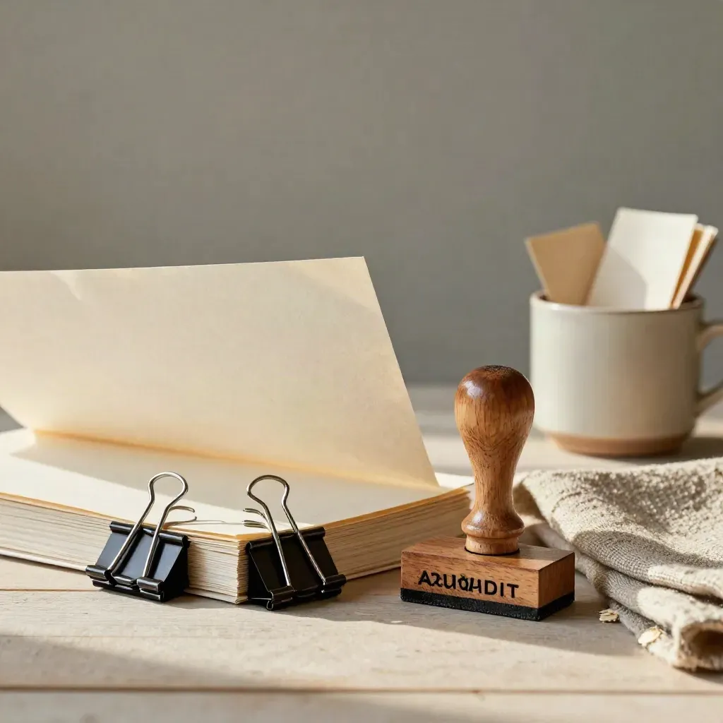 Binder clips, audit stamp, linen cloth and ceramic cup on pale wood in soft light.