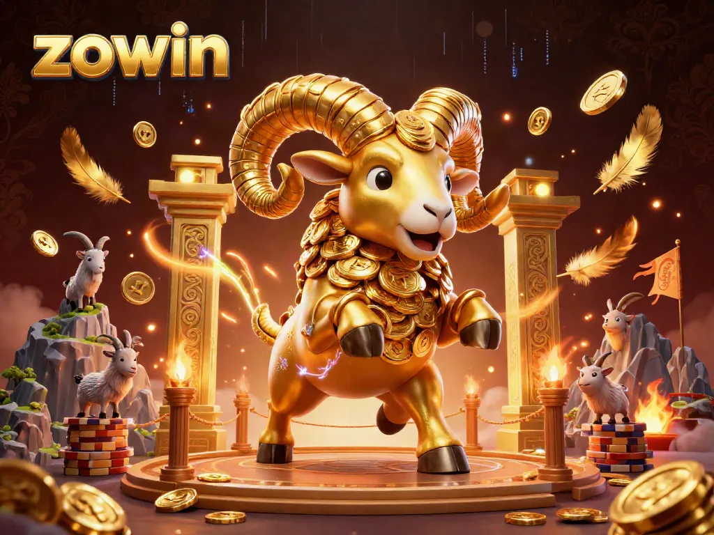 Get ready to play at Zowin with a vibrant, action-packed casino scene featuring a golden ram and dynamic game elements.