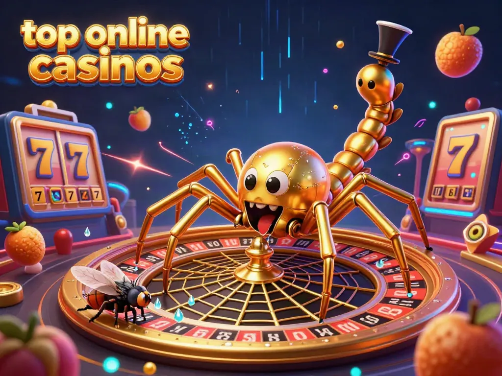 Experience the excitement of top online casinos with a golden spider spinning a roulette wheel web.