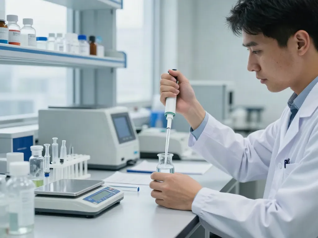 Bacteriostatic water for sale in a clean lab setup, researcher measuring compounds.