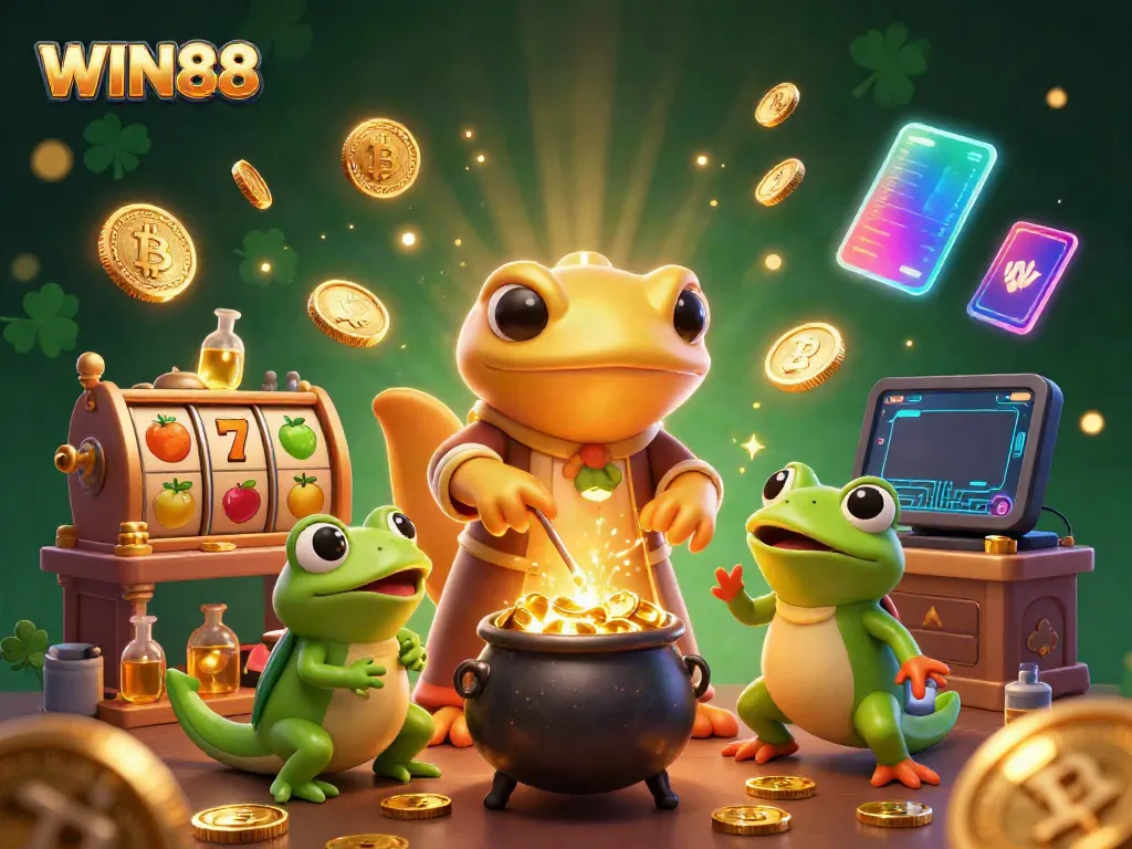 Engage with WIN88 as golden creatures craft riches in a vibrant medieval casino scene.