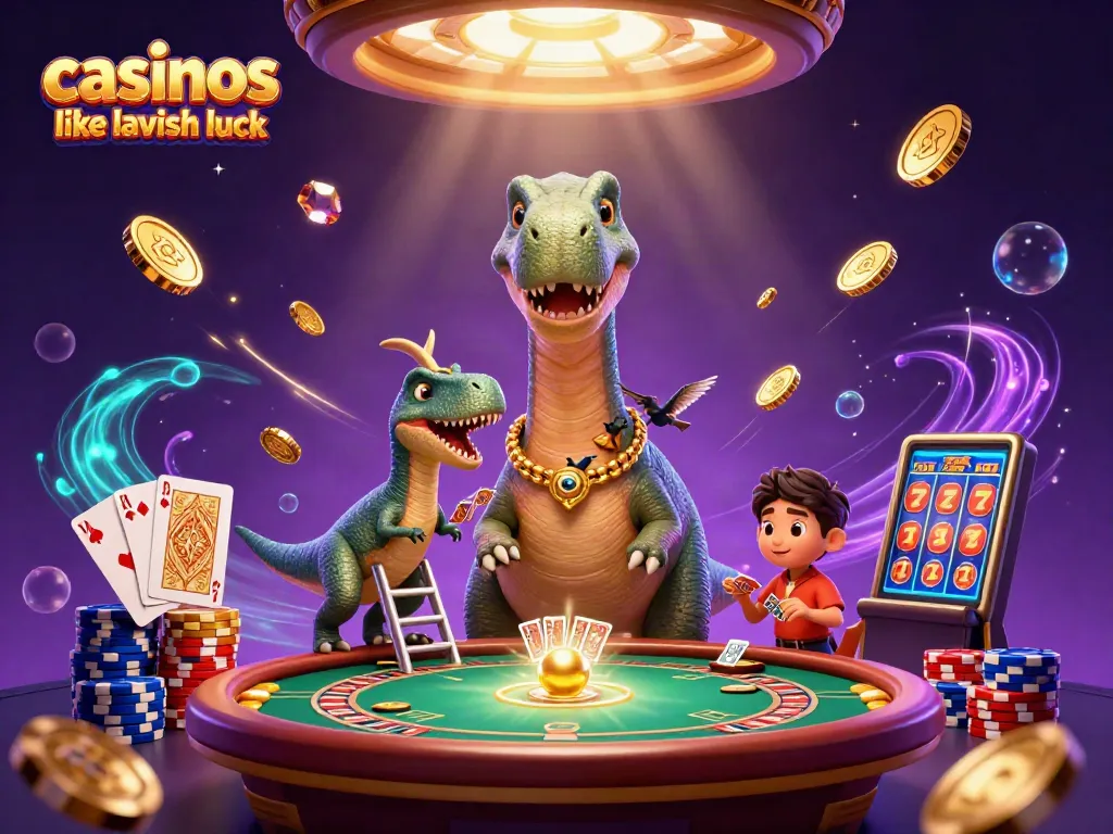 Join exciting games like Lavish Luck at this vibrant casino scene filled with treasures.