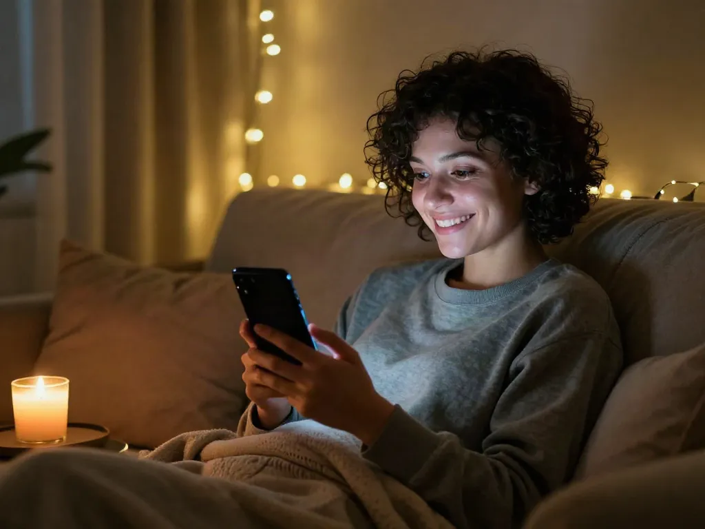 Engaging in ai sexting on smartphone in a cozy room.