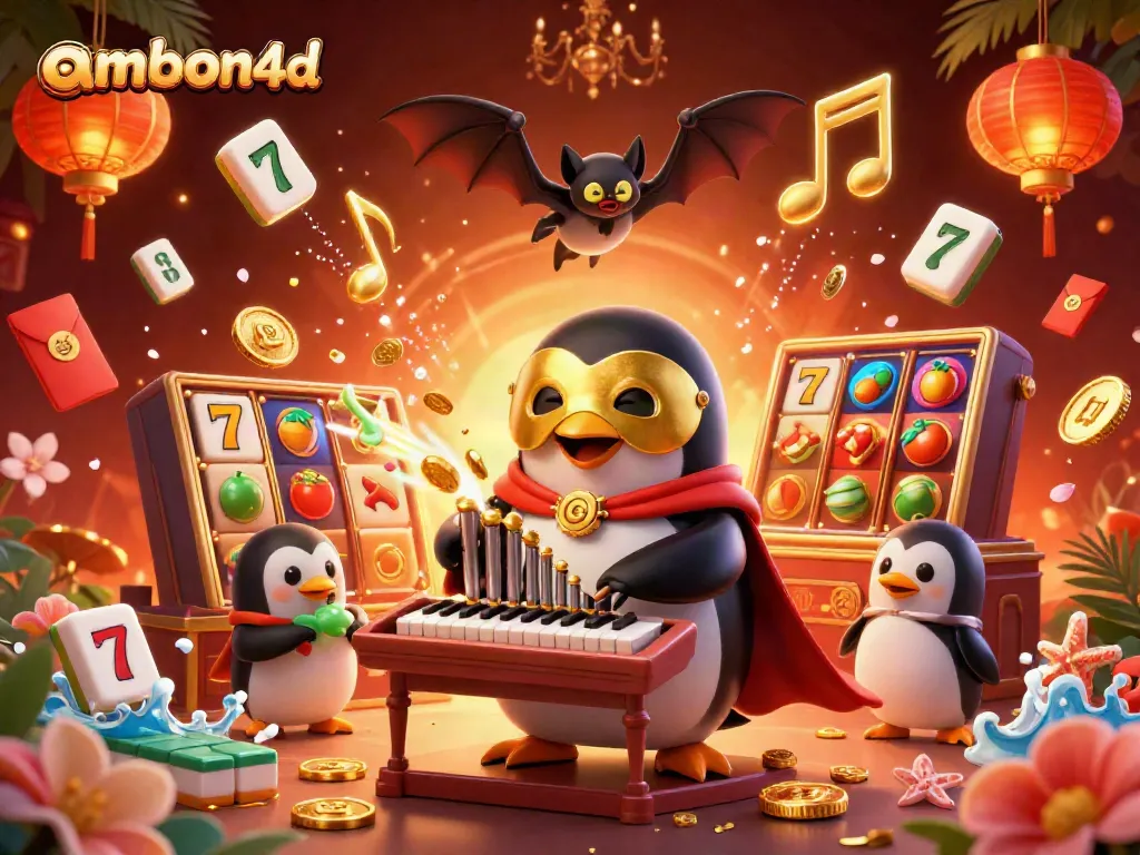 Experience the excitement of ambon4d with a vibrant casino-themed 3D illustration featuring gaming elements and characters.
