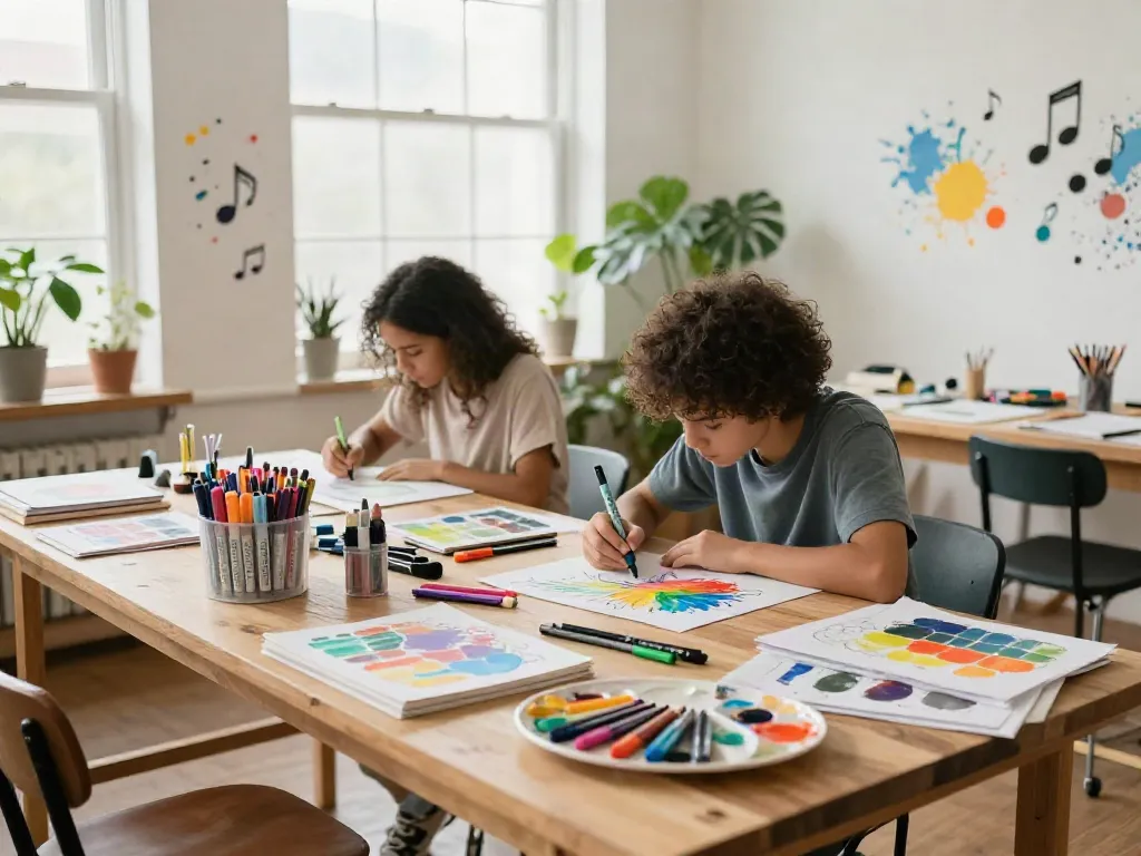 Artist using quality markers wholesale in a vibrant art studio, surrounded by colorful supplies.