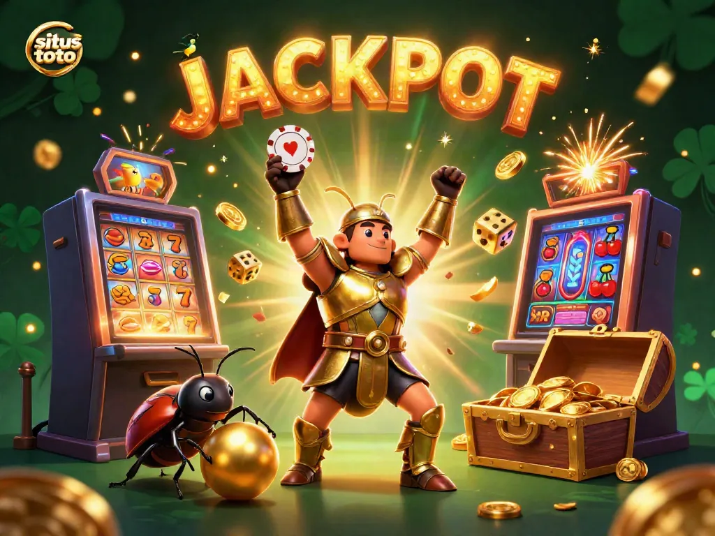 Experience the thrill of the situs toto jackpot with vibrant 3D illustrations of beetle characters, casino elements, and golden treasure.
