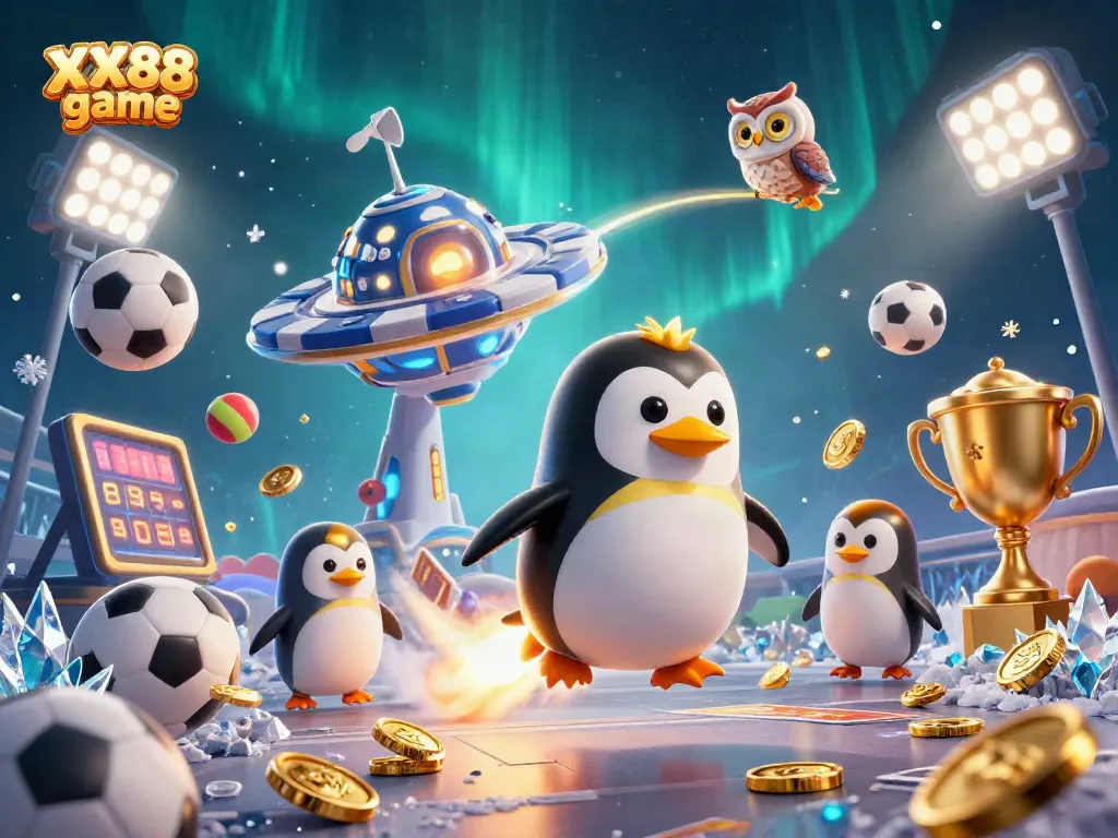 Play the exciting XX88 game with golden penguins and casino elements in a stunning 3D illustration.