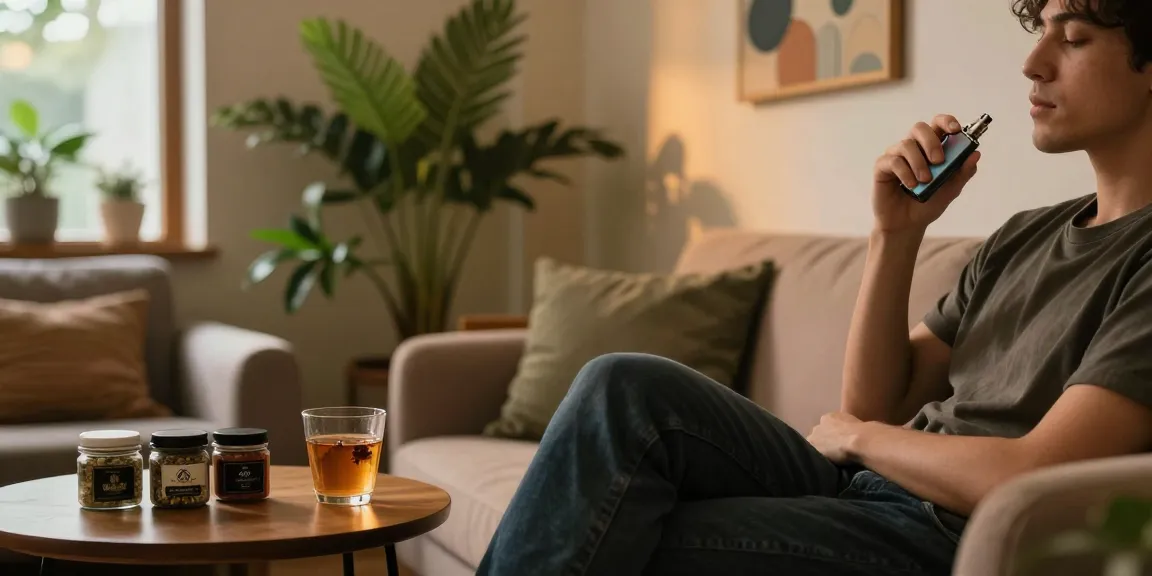Person enjoying a thc vape in a cozy home setting surrounded by premium cannabis flower.