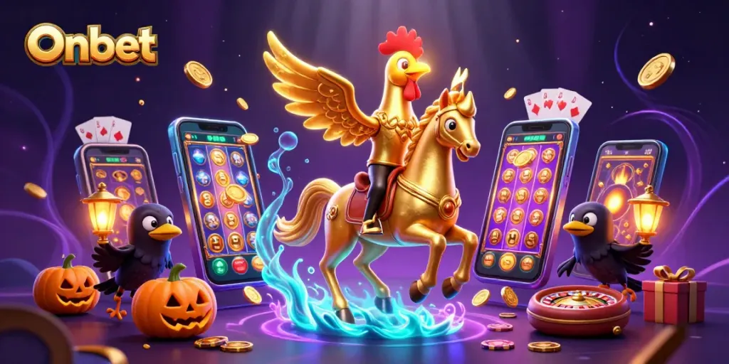Engage with Onbet's thrilling midnight casino, featuring a golden rooster and friends in a festive scene.