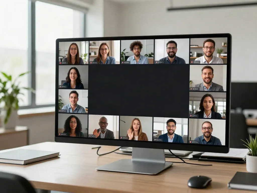 Engaged participants in a deepfake free meetings video call showcasing a modern office setting with natural light.