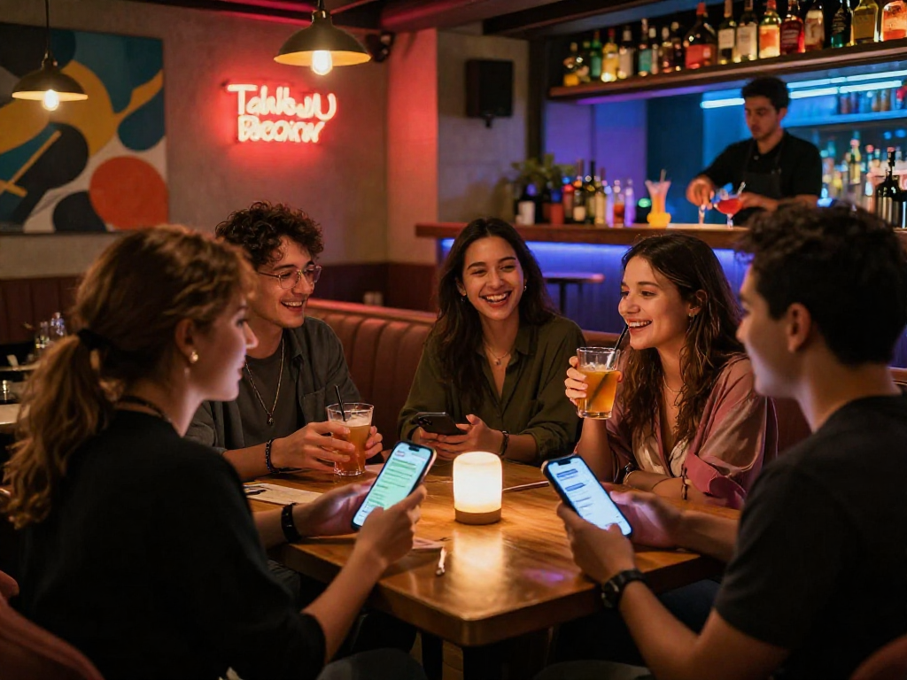 Engaging friends at a lounge focused on fun nsfw chat, highlighting social interactions and vibrant nightlife.