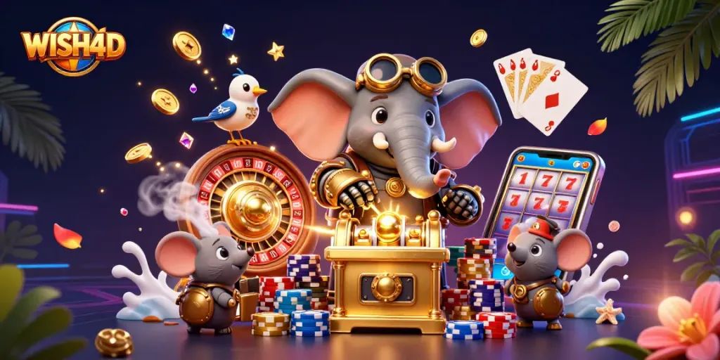 WISH4D showcases an exciting 3D illustration of casino gaming with vibrant characters and elements.