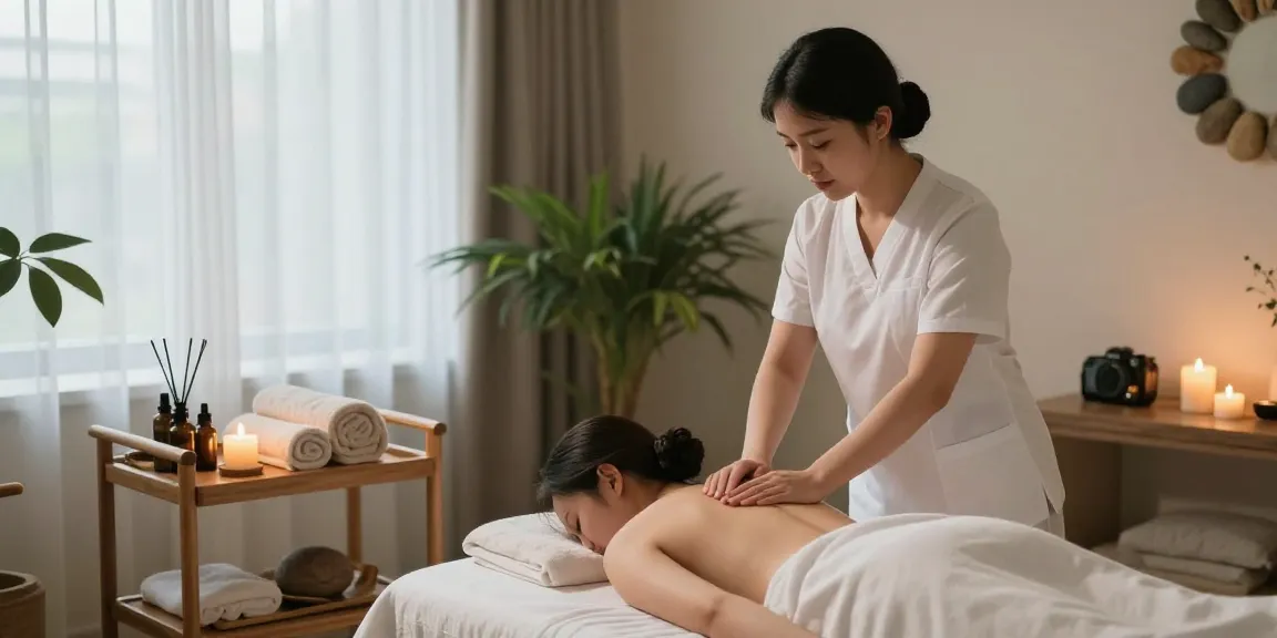 부평출장안마 - Relaxing spa treatment scene with therapist and client in a serene setting.