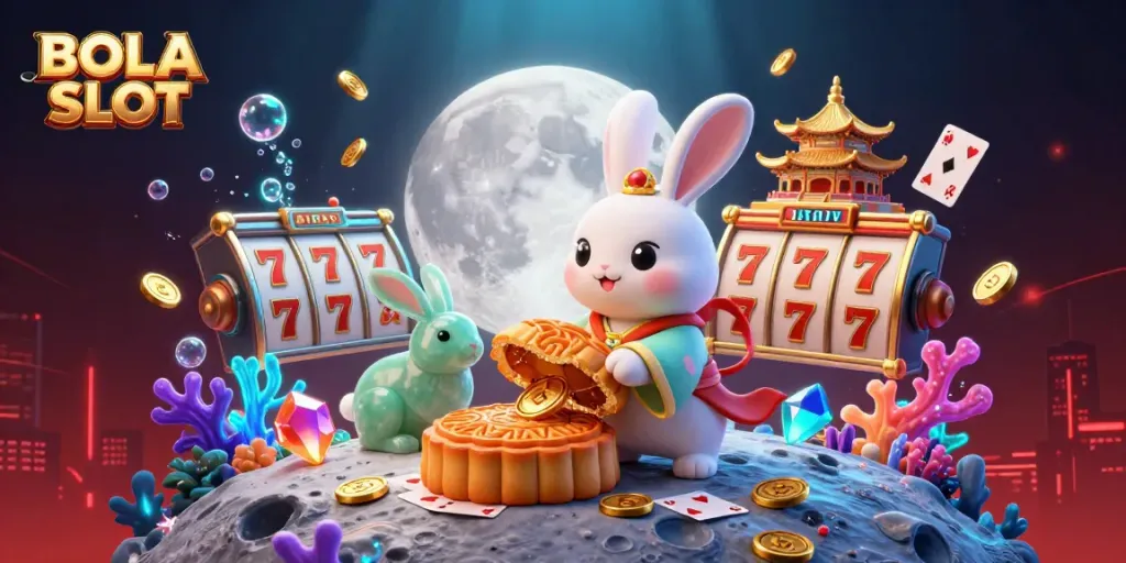 Engage with BOLA SLOT, where a moon rabbit reveals poker chips inside mooncakes on the lunar surface.