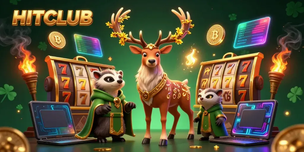 Engage in the HITCLUB experience with a vibrant 3D gaming scene featuring slots, prizes, and magical elements.
