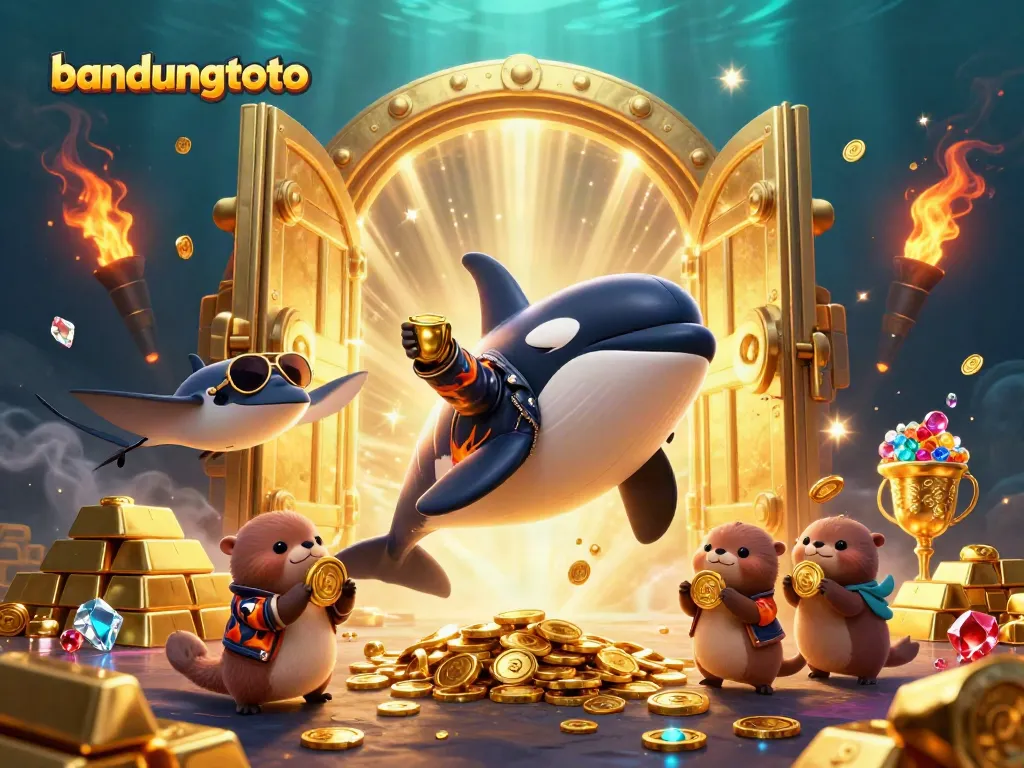 Experience thrilling wins with bandungtoto through vibrant 3D casino illustration of sea characters and gold.