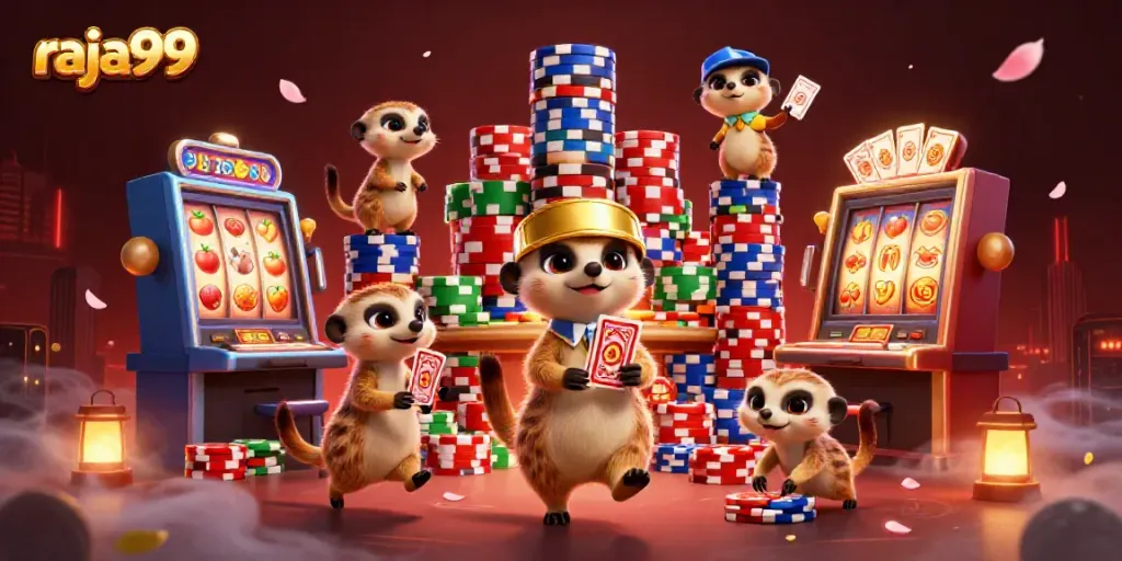 Experience the excitement of raja99 in a vibrant meerkat casino scene featuring slot machines and poker.