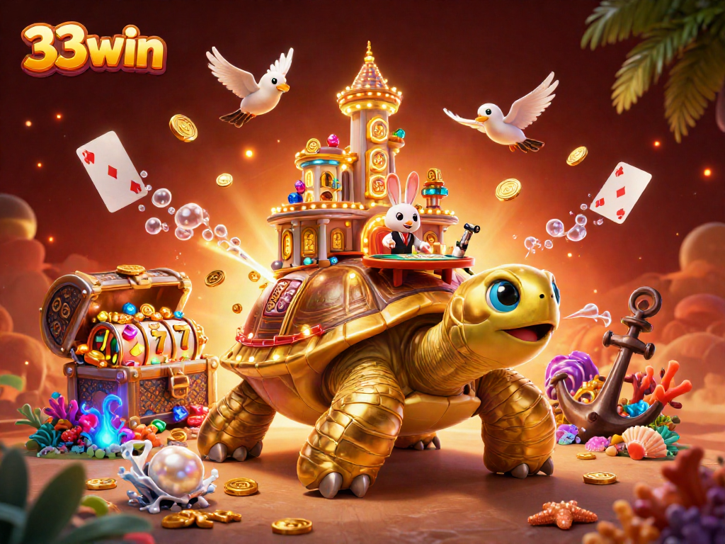 Experience the vibrant 33win casino world with a dynamic 3D scene featuring a golden tortoise and exciting game elements.