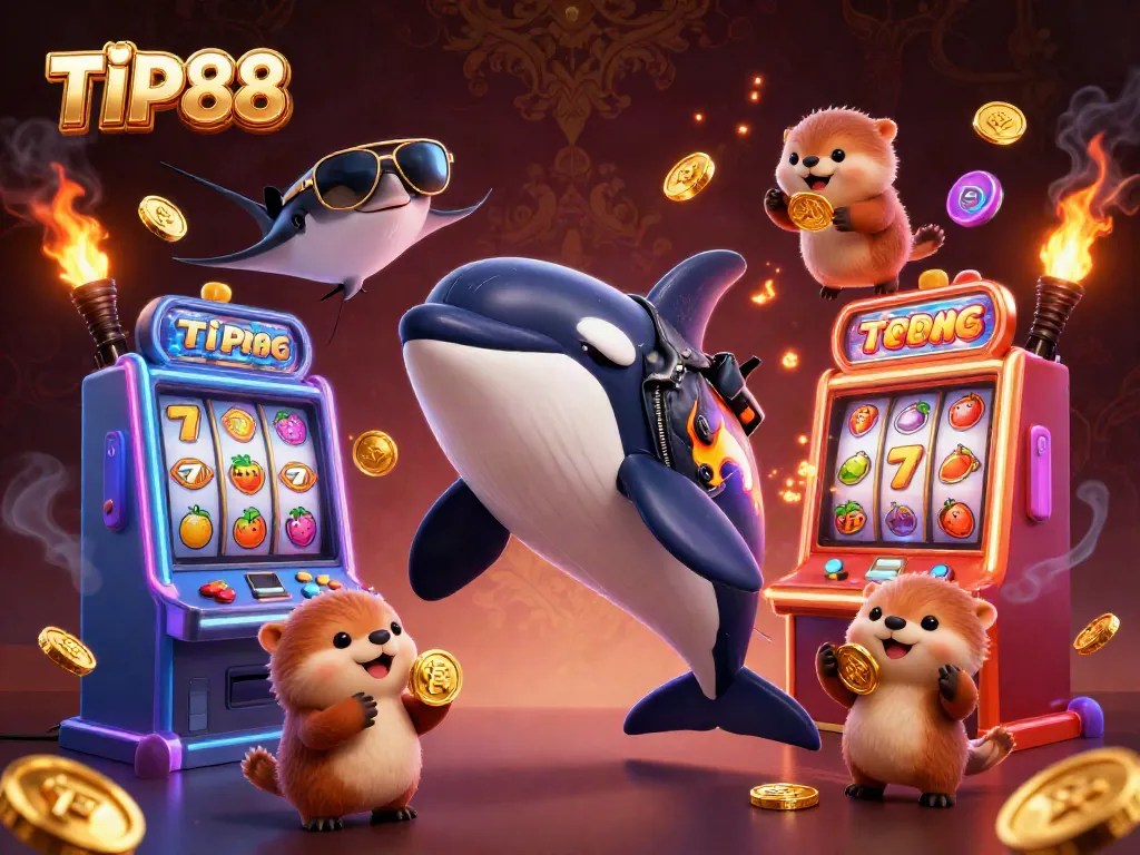Experience the thrill of TIP88 with diverse gaming elements, featuring characters immersed in a vibrant casino scene.