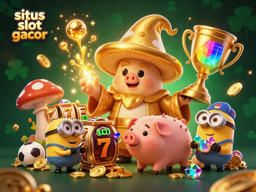 Experience thrilling wins at situs slot gacor with a magical scene featuring a golden wizard, treasure, and slot reels.