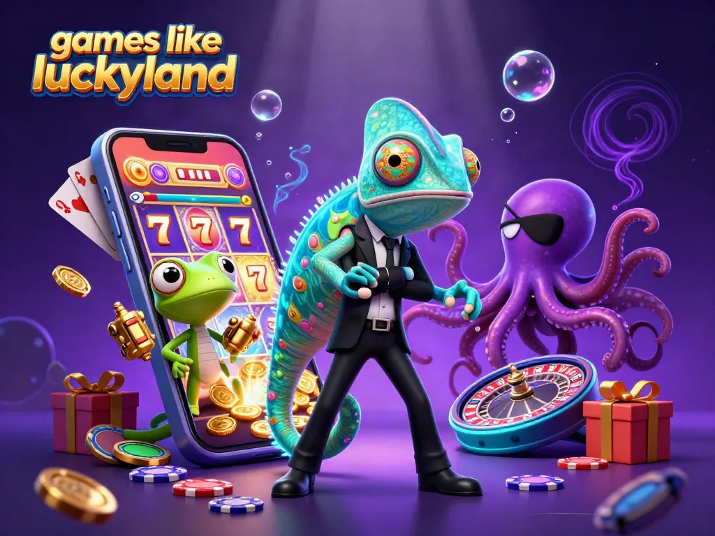 Play exciting games like luckyland with a vibrant casino scene featuring colorful slots and characters.
