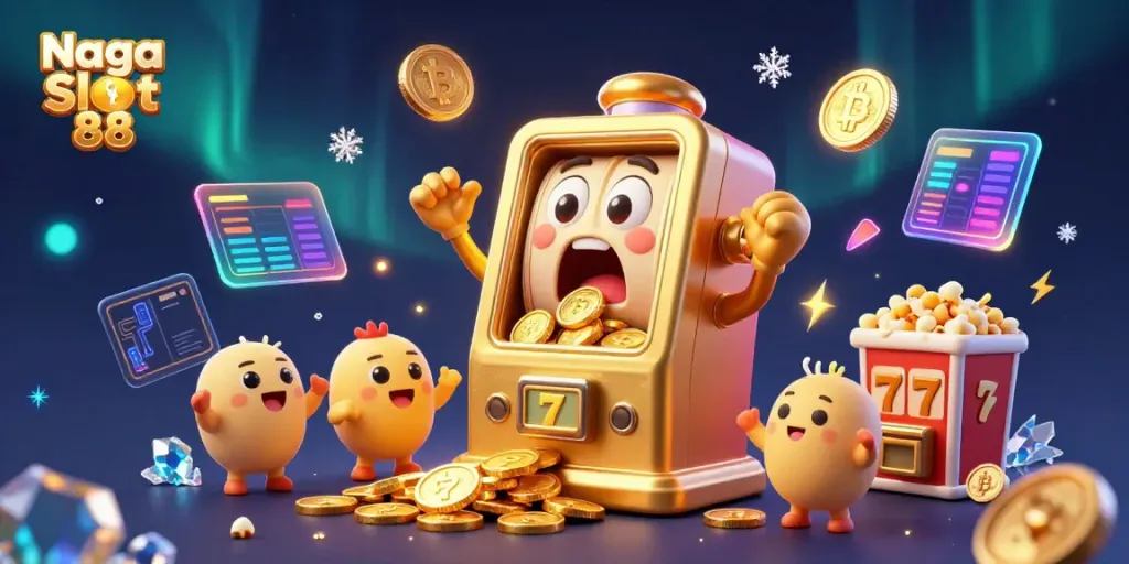 Experience the excitement of Naga Slot 88 with a lively scene of a golden slot machine winning a jackpot.